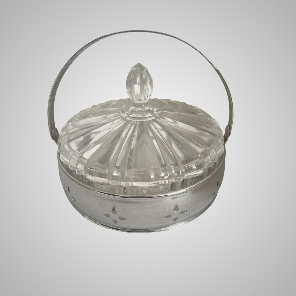 VTG Heavy Glass Candy Dish‎ Clear Sunburst Metal Carrier Handle 7" Decorative